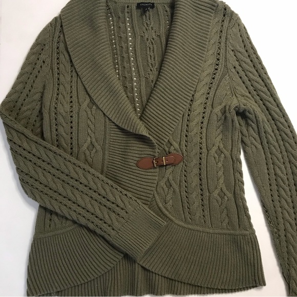 NWOT Talbots Green Buckle Cardigan Lambswool Blend Medium - Picture 2 of 7